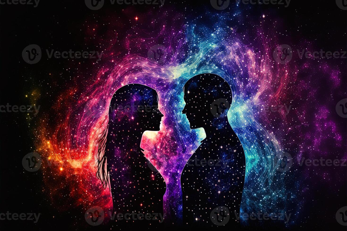 uomo e donna sagome a astratto cosmico sfondo. umano anime coppia nel amore. astrale corpo, esoterico e spirituale vita concetto generativo ai foto