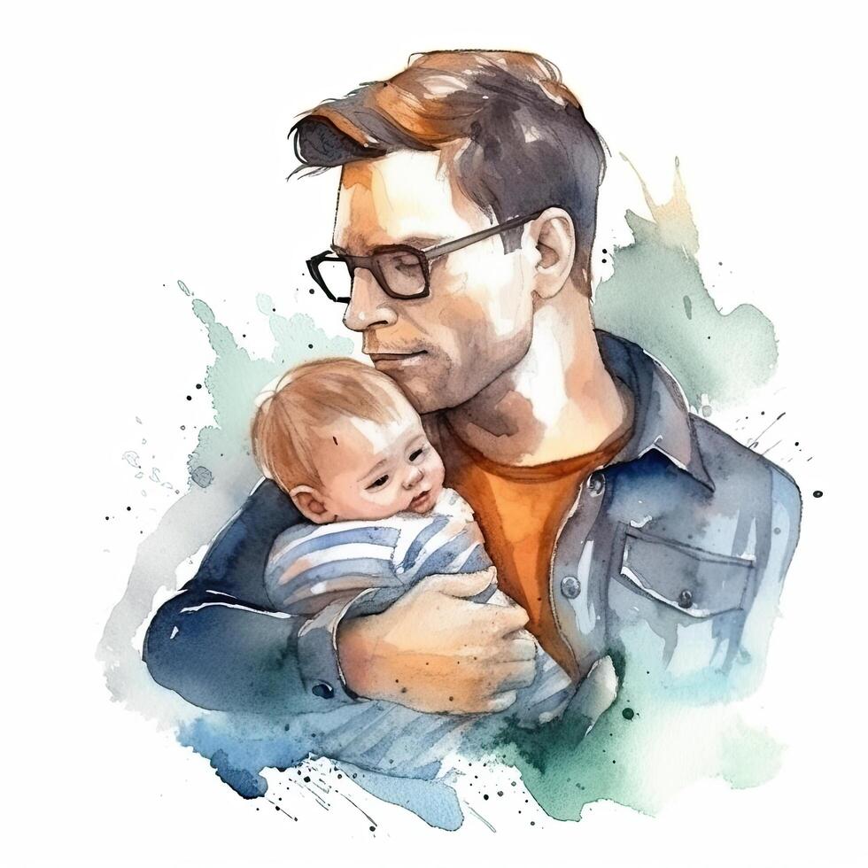 Il padre di giorno. padre con bambino acquerello. illustrazione ai generativo foto