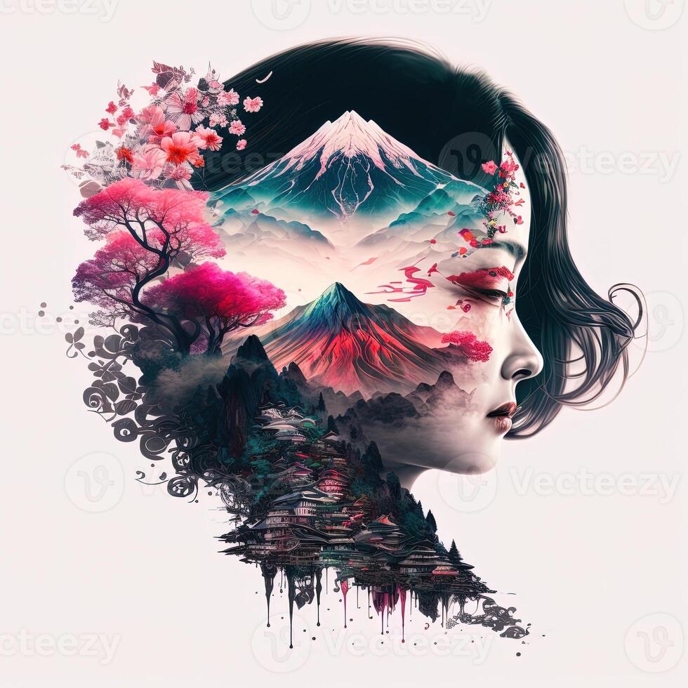 generativo ai Doppio esposizione di un' bellissima geisha e montare fuji con pesca fiore e fiume. bellissimo viso di asiatico donna su bianca sfondo, Immagine combinato con natura, verde montagne paesaggio foto