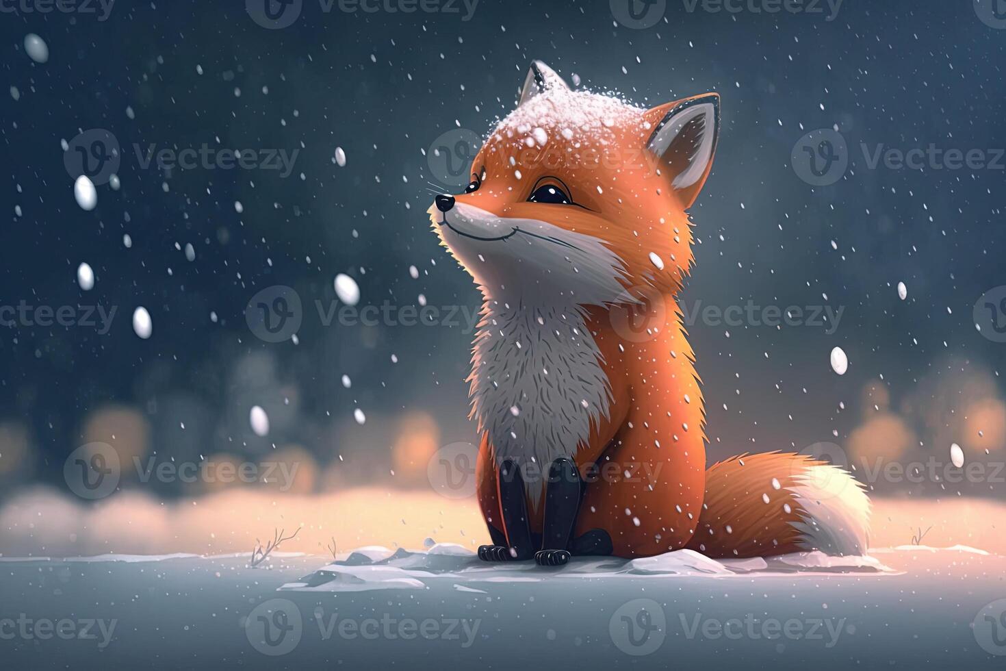 carino rosso Volpe bambino cartone animato onirico nel neve, inverno, generativo ai. animale e paesaggio concetto. foto