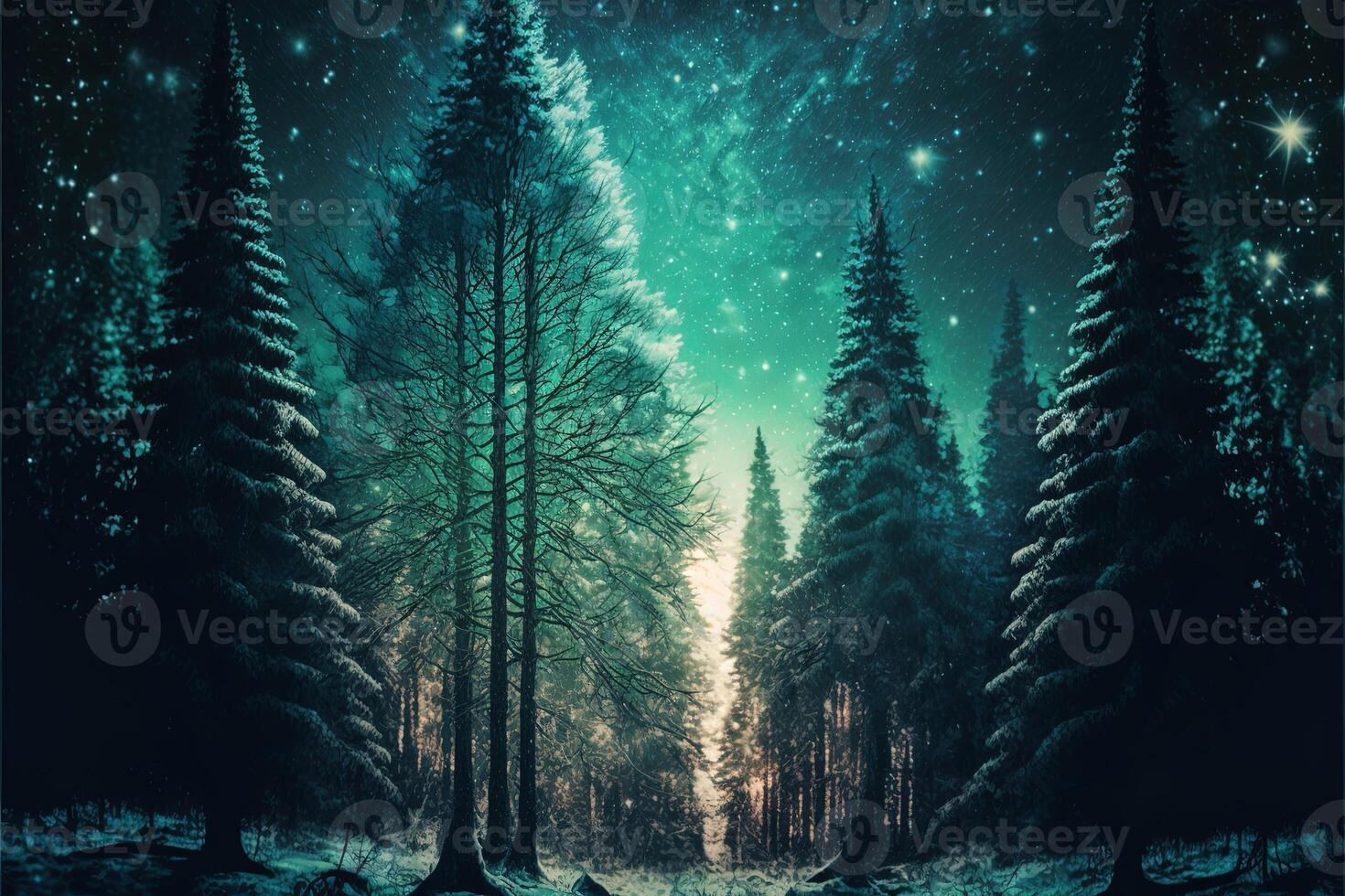 Natale decorato verde abete rosso alberi nel inverno foresta, astratto fantasia festivo Natale albero sfondo intestazione sfondo, inverno astratto paesaggio. luce del sole nel il inverno foresta. generativo ai foto
