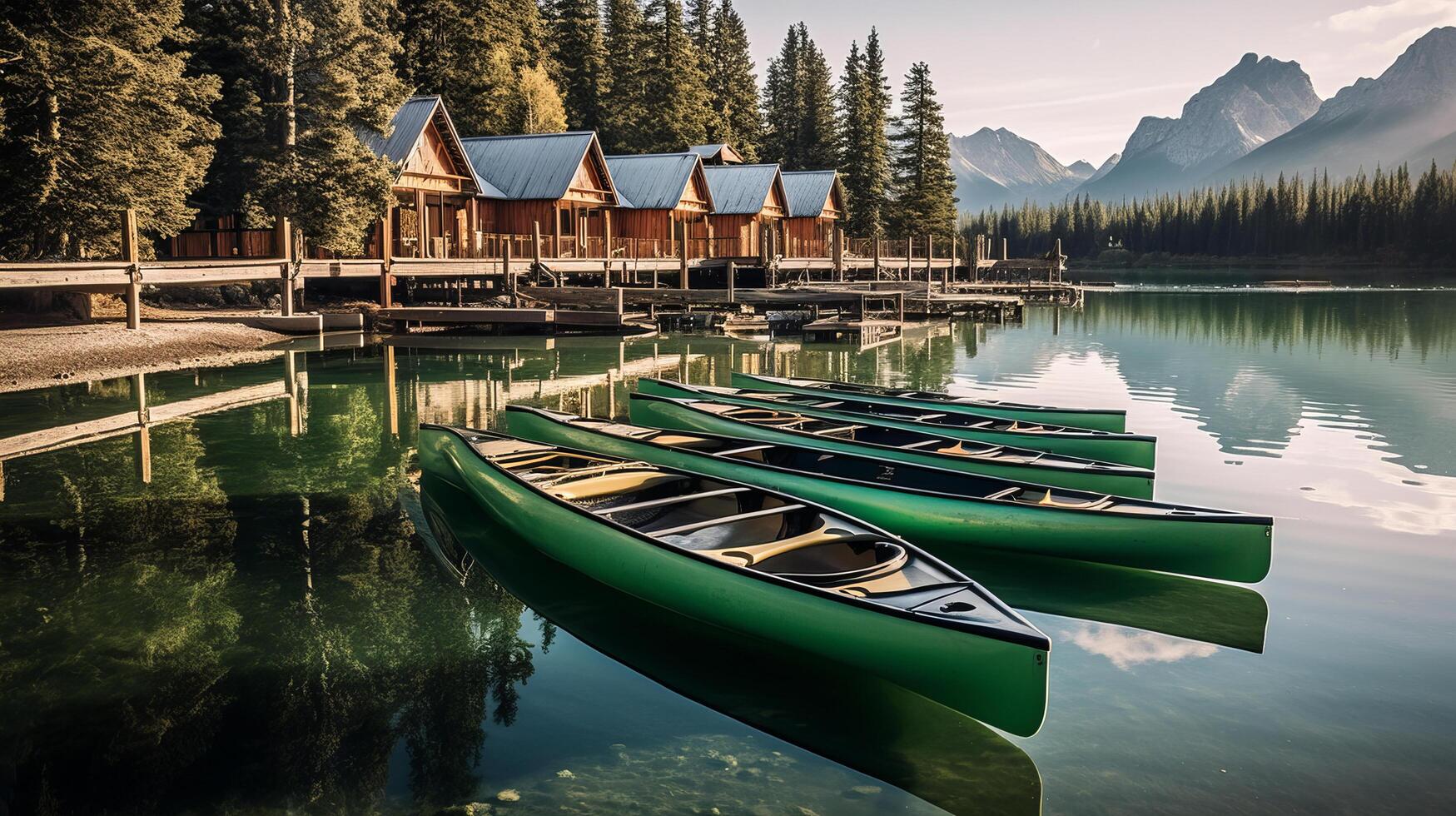 canoe attraccato a lago. illustrazione ai generativo foto