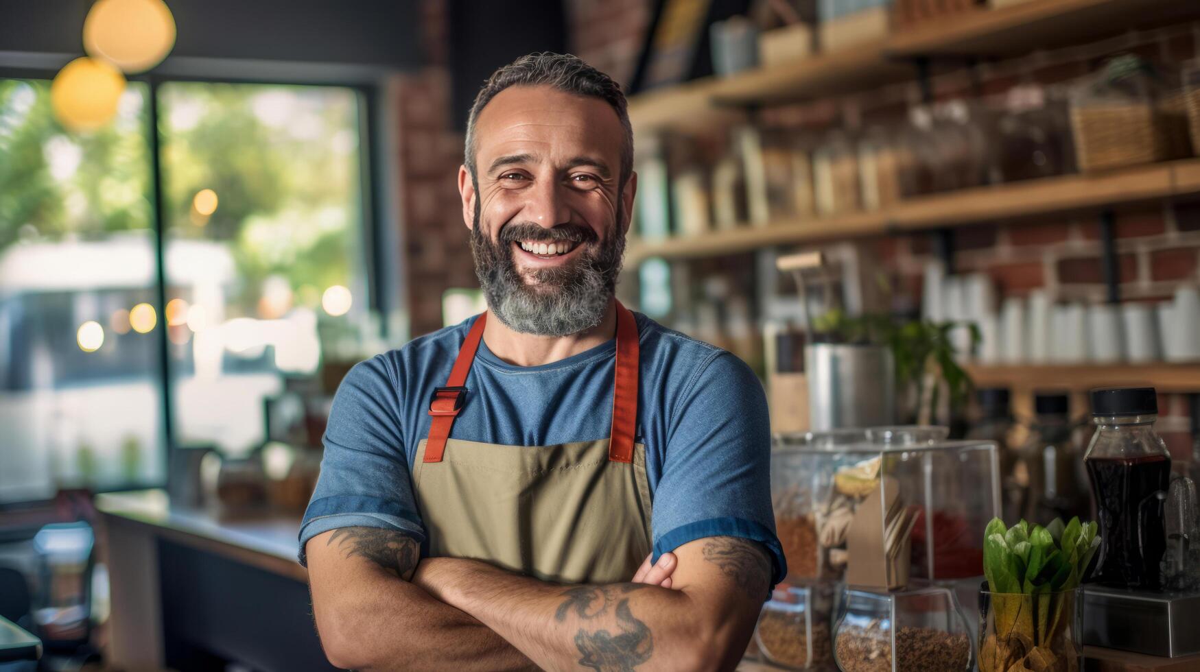 barbuto barista nel pub. illustrazione ai generativo foto