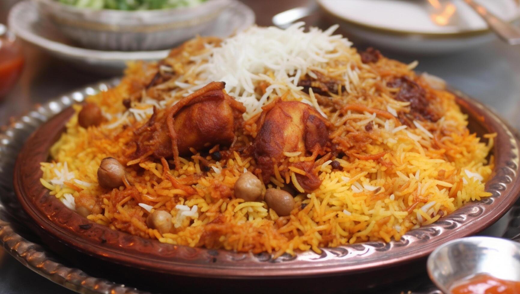 un' piatto di biryani con un' mazzo di cibo su esso, ai generativo foto