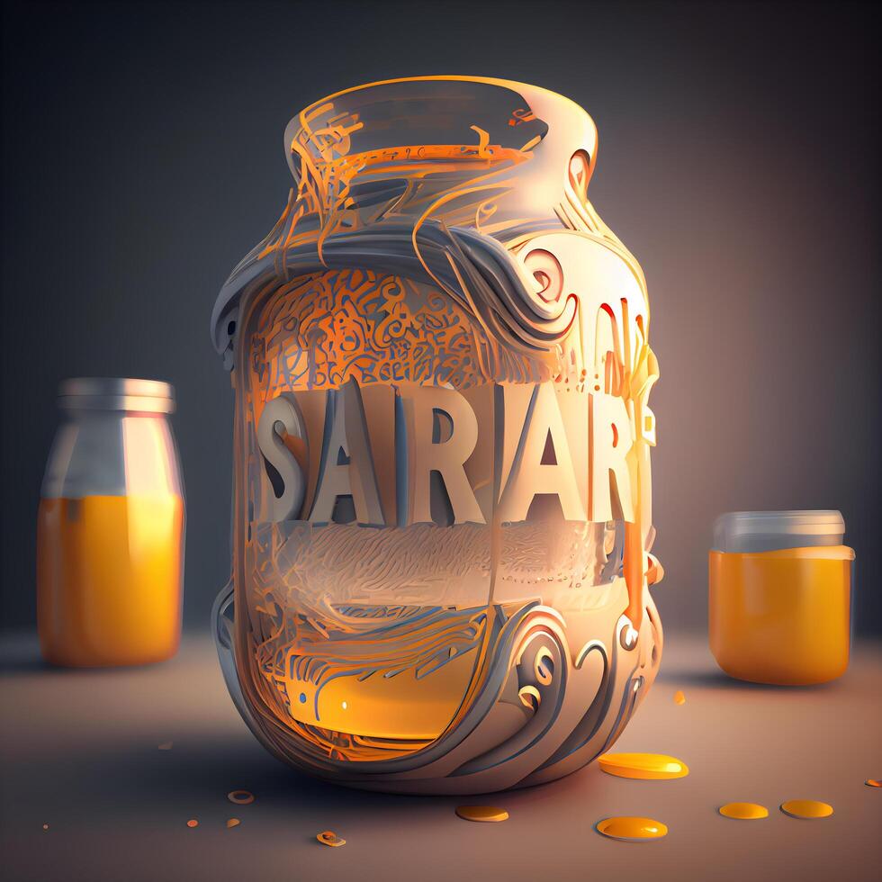 3d illustrazione di un' bicchiere vaso con un' lettering e un' vaso di Miele., ai generativo Immagine foto