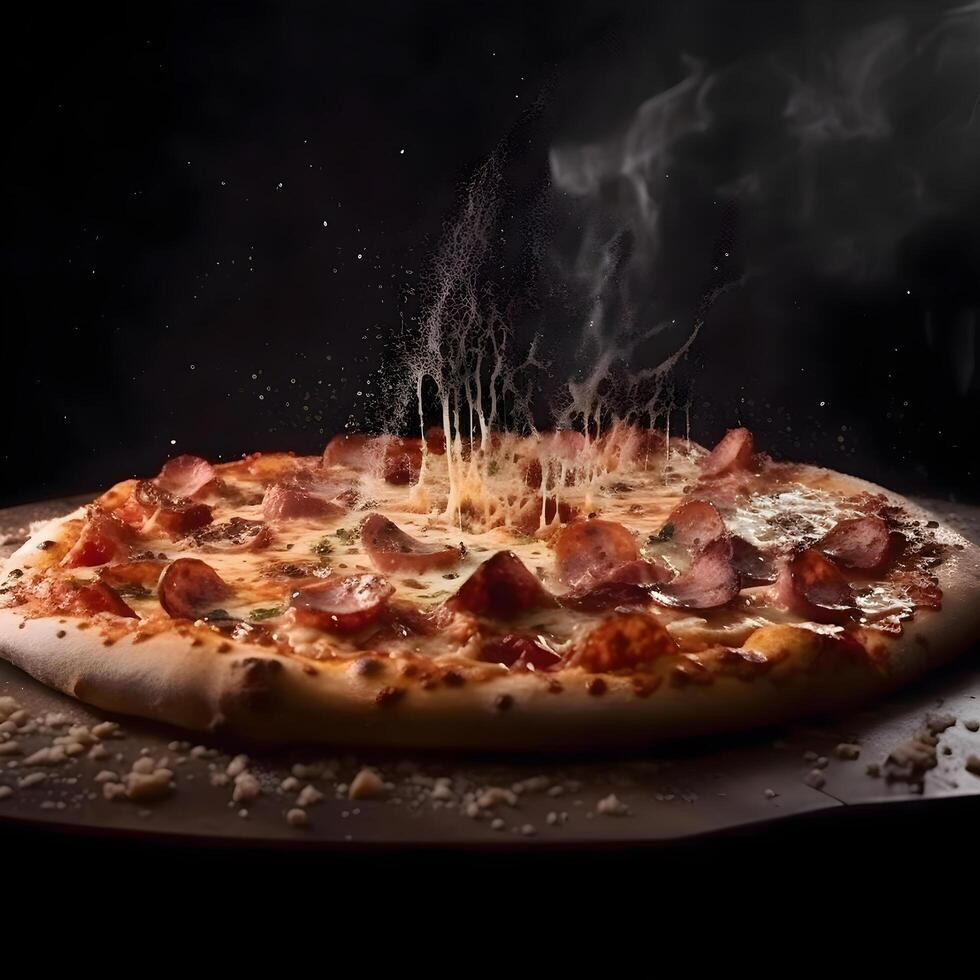 Pizza con prosciutto e formaggio su un' nero sfondo. ristorante., ai generativo Immagine foto