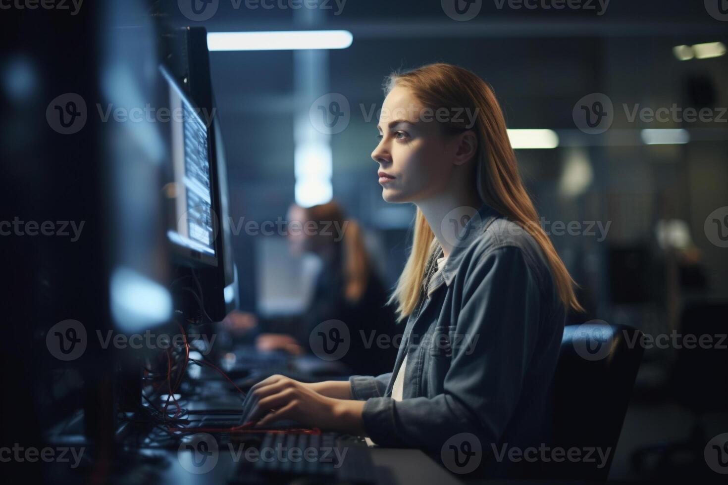 un' donna si siede a un' computer nel un' buio camera creato con generativo ai tecnologia foto