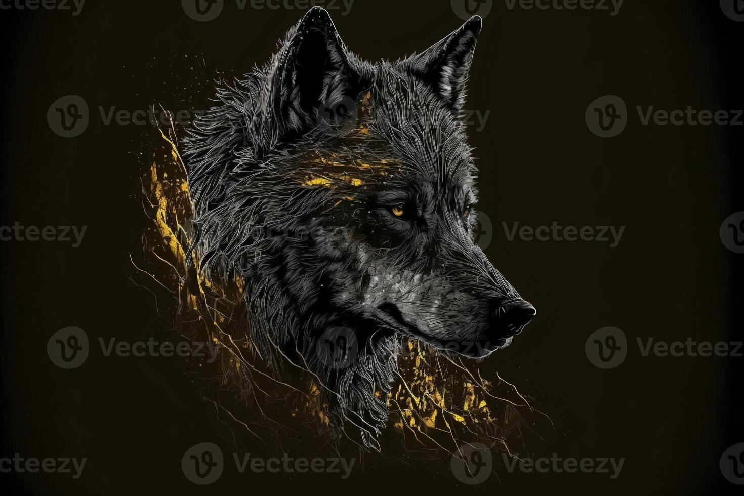 ritratto di un' grigio lupo, decorato con oro. buio illustrazione con d'oro macchie. generativo ai illustrazione. foto