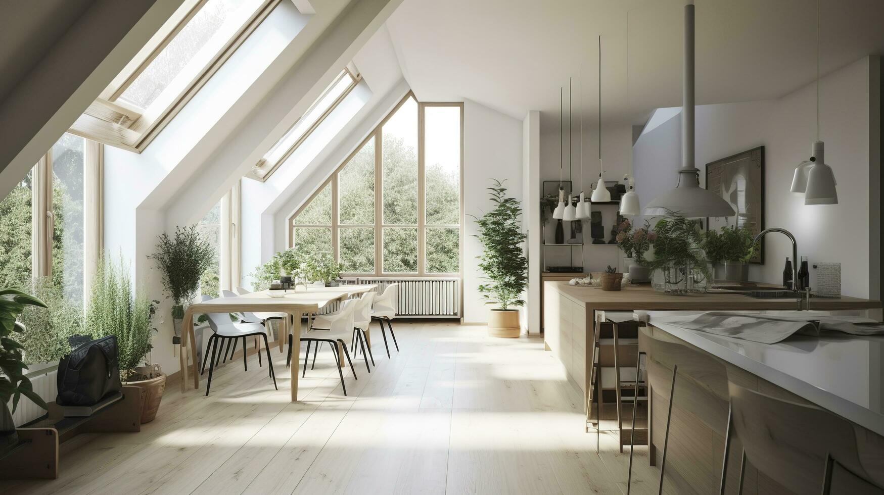 interno disegno, un' prospettiva di un' vivente camera e un' cucina con un isola, grande finestre con naturale luce, moderno arredamento, lucernario, moderno minimalista disegno, creare ai foto