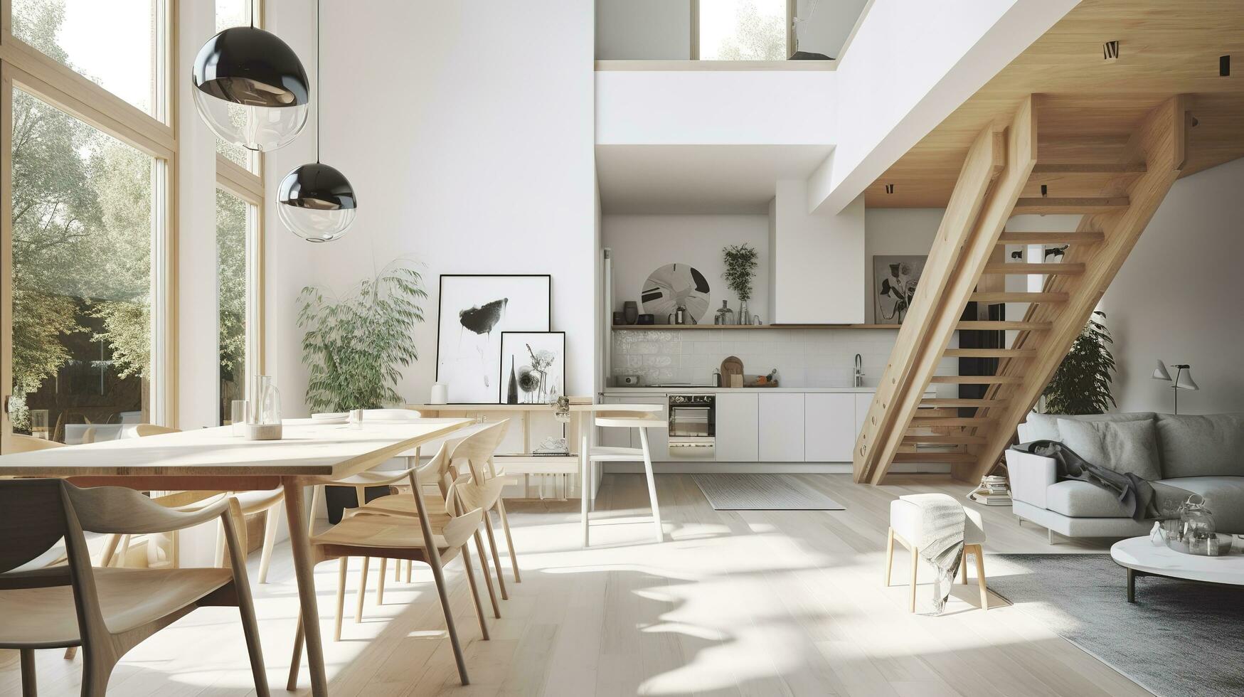 interno disegno, un' prospettiva di un' vivente camera e un' cucina con un isola, grande finestre con naturale luce, moderno arredamento, lucernario, moderno minimalista disegno, creare ai foto