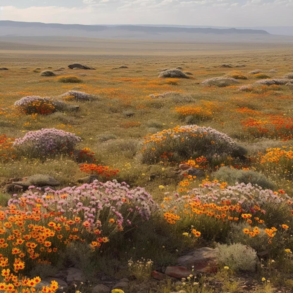 un' pianura campo con selvaggio fiori nel fiorire ai generato foto