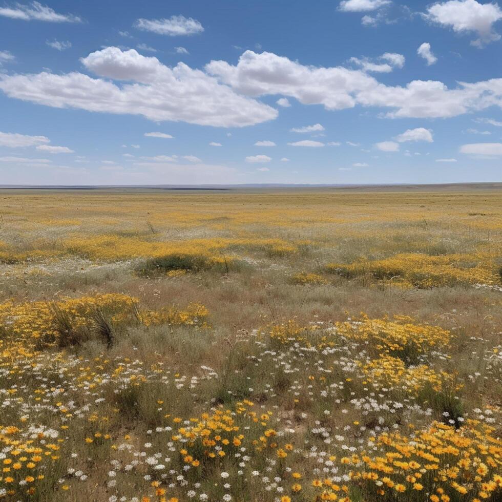 un' pianura campo con selvaggio fiori nel fiorire ai generato foto