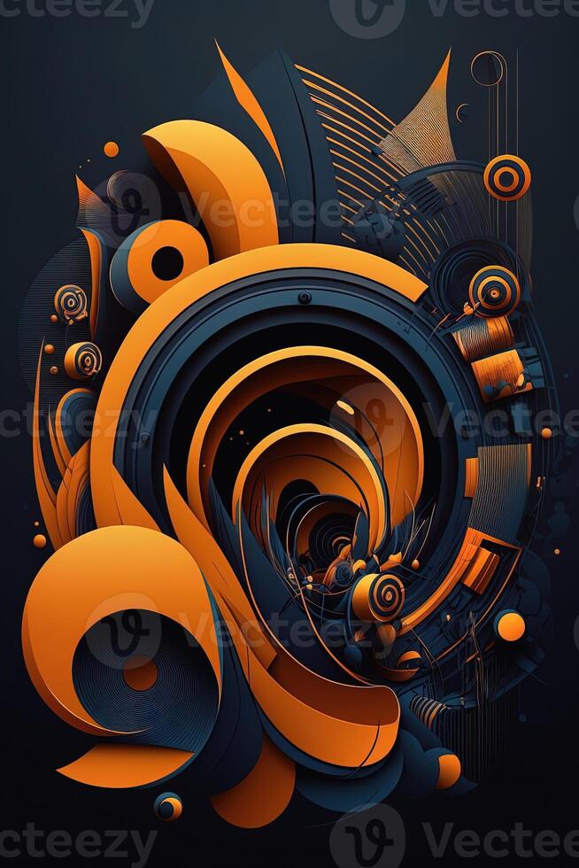 generativo ai sfondo bandiera musica e suono con alcuni tecnologia, arancia e buio blu colore.oro musica Appunti e triplo chiave su linea onda di suono sintonizzare. illustrazione modello per musica Festival foto