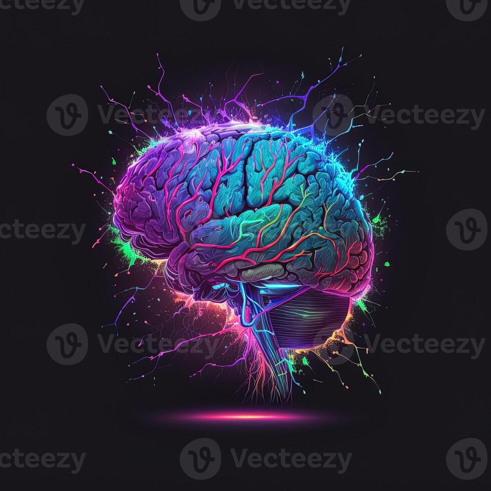 generativo ai cervello arte nft neon e cyberpunk colore, olografia, cosmico sfondo, raggiante digitale cervello ai intelligenza formatura digitalizzato neuroni artificiale intelligenza arte algoritmo. foto