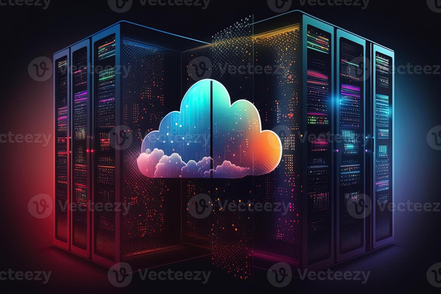 generativo ai dati centro camera con mainframe Conservazione server, nube Rete concetto, ospitando banche dati e Internet, moderno telecomunicazioni, artificiale intelligenza, server camera foto