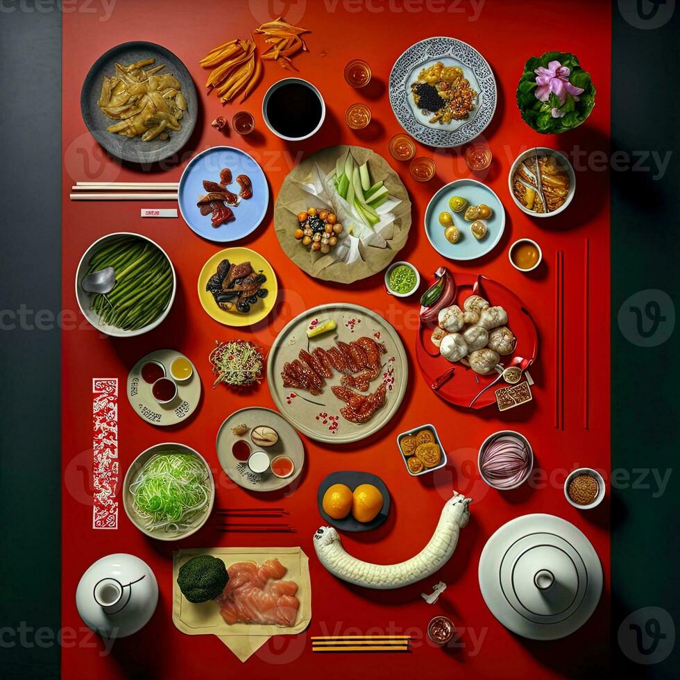 superiore Visualizza di tavolo cena Cinese. poggio fotografia di Cinese cena nuovo anno , vibrante. vietnamita tradizionale pasto nel nazione lato. piatto posizione. foto