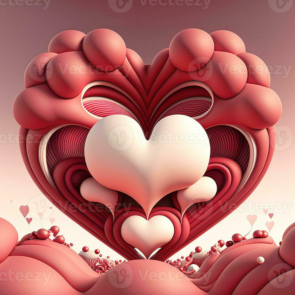 Perfetto decorazioni per san valentino giorno, simmetrico, cuori e nuvole, rosso, rosa, 3d, proffesional studio, super-risoluzione. San Valentino giorno concetto saluto carta foto