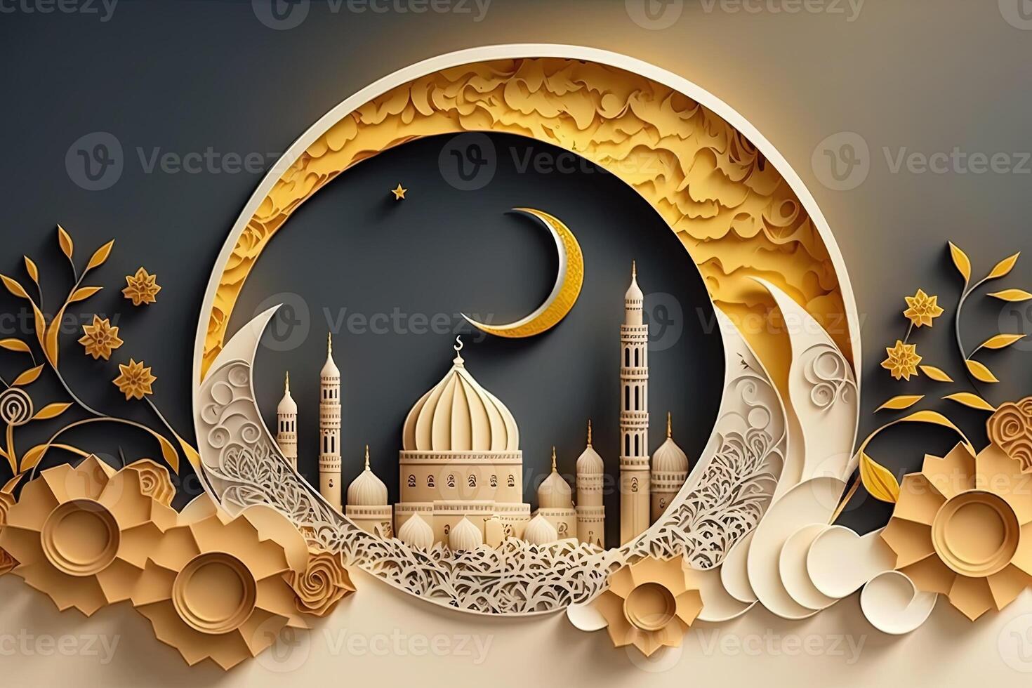 islamico saluto eid mubarak carte per musulmano vacanze.eid-ul-adha Festival celebrazione.arabo Ramadan lanterna . generativo ai quilling carta tagliare mezzaluna islamico con moschea per Ramadan kareem. foto