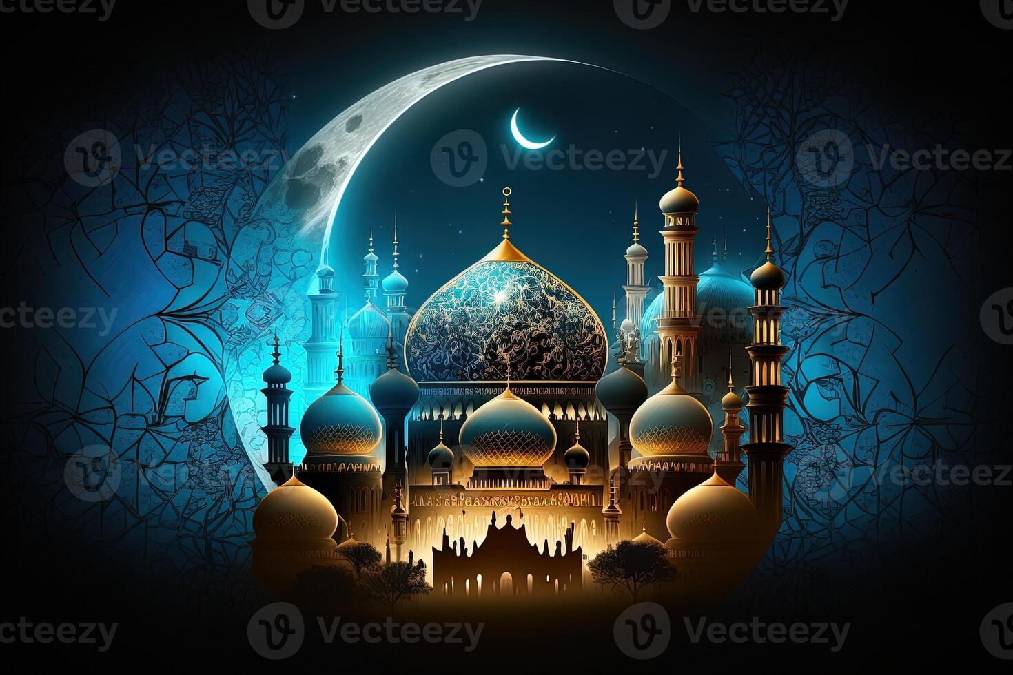 islamico saluto eid mubarak carte per musulmano vacanze.eid-ul-adha Festival celebrazione.arabo Ramadan lanterna . generativo ai mezzaluna islamico con moschea per Ramadan kareem. foto