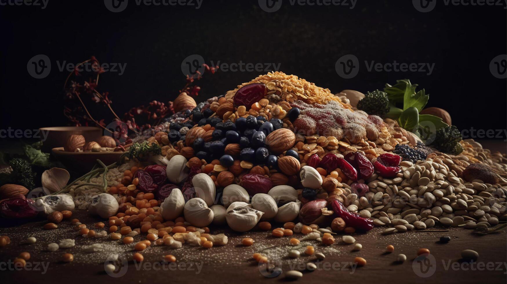 alimentato dall'impianto proteina eroi un' vibrante, colorato varietà di legumi, noccioline, e semi generativo ai foto