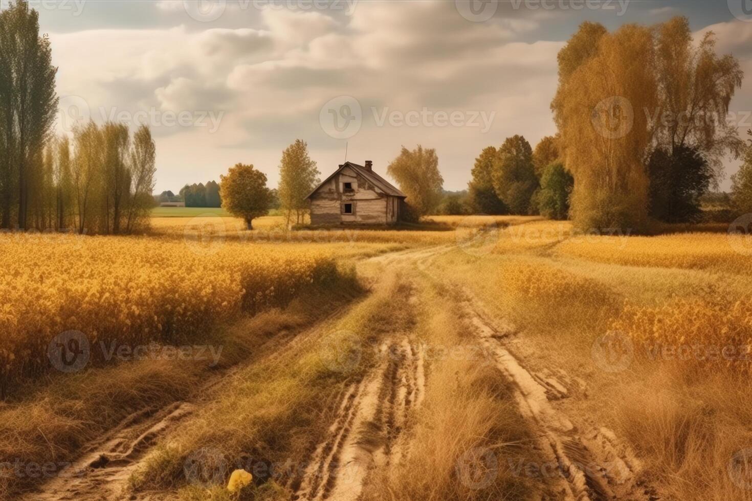 autunno rurale paesaggio con Grano campo su il terra e azienda agricola su il indietro Piano. ai generato foto