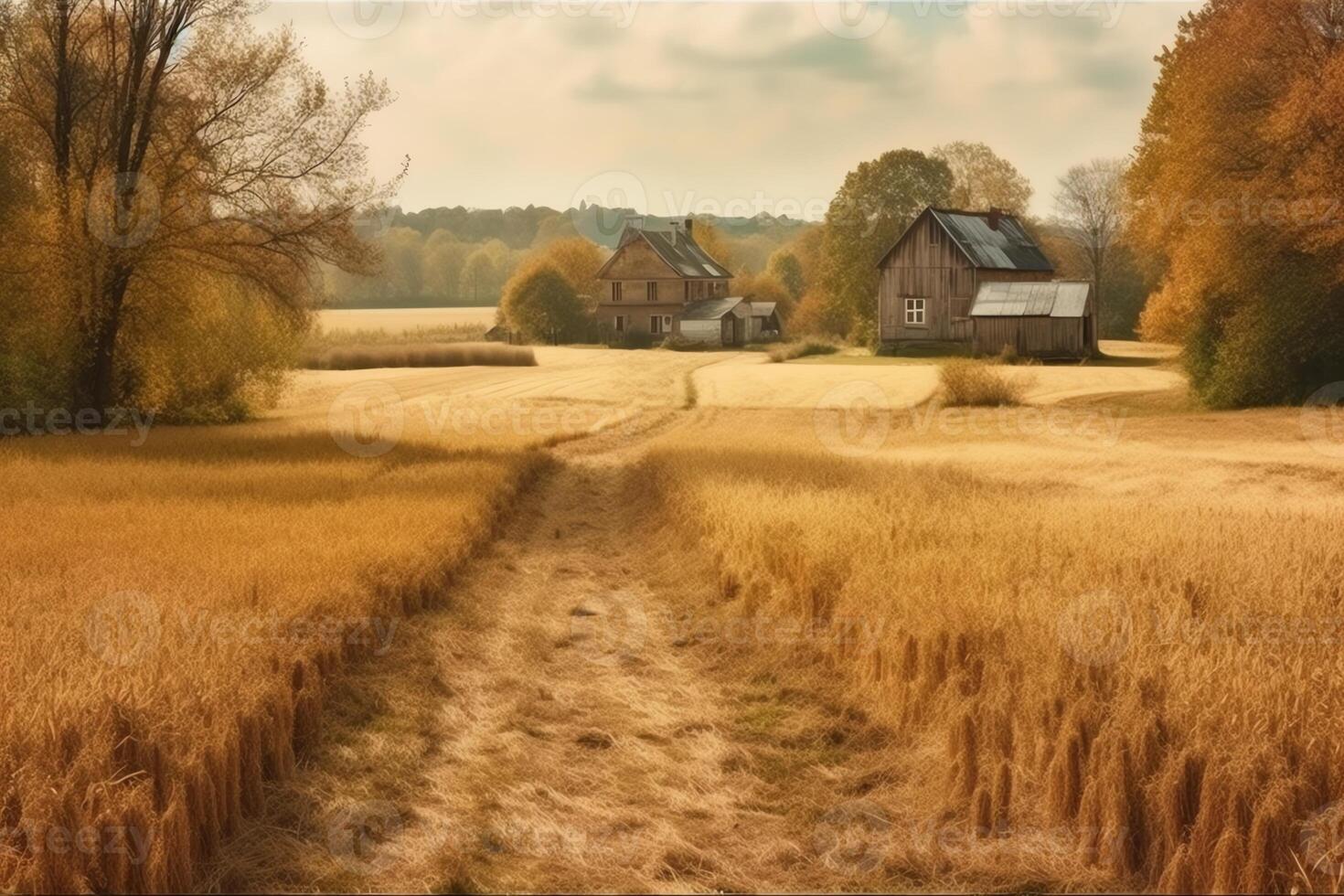 autunno rurale paesaggio con Grano campo su il terra e azienda agricola su il indietro Piano. ai generato foto