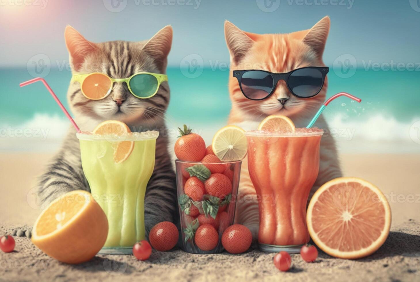 coppia di gatti indossare bicchieri con fresco succo e frutta su spiaggia sfondo, estate concetto foto. generativo ai foto