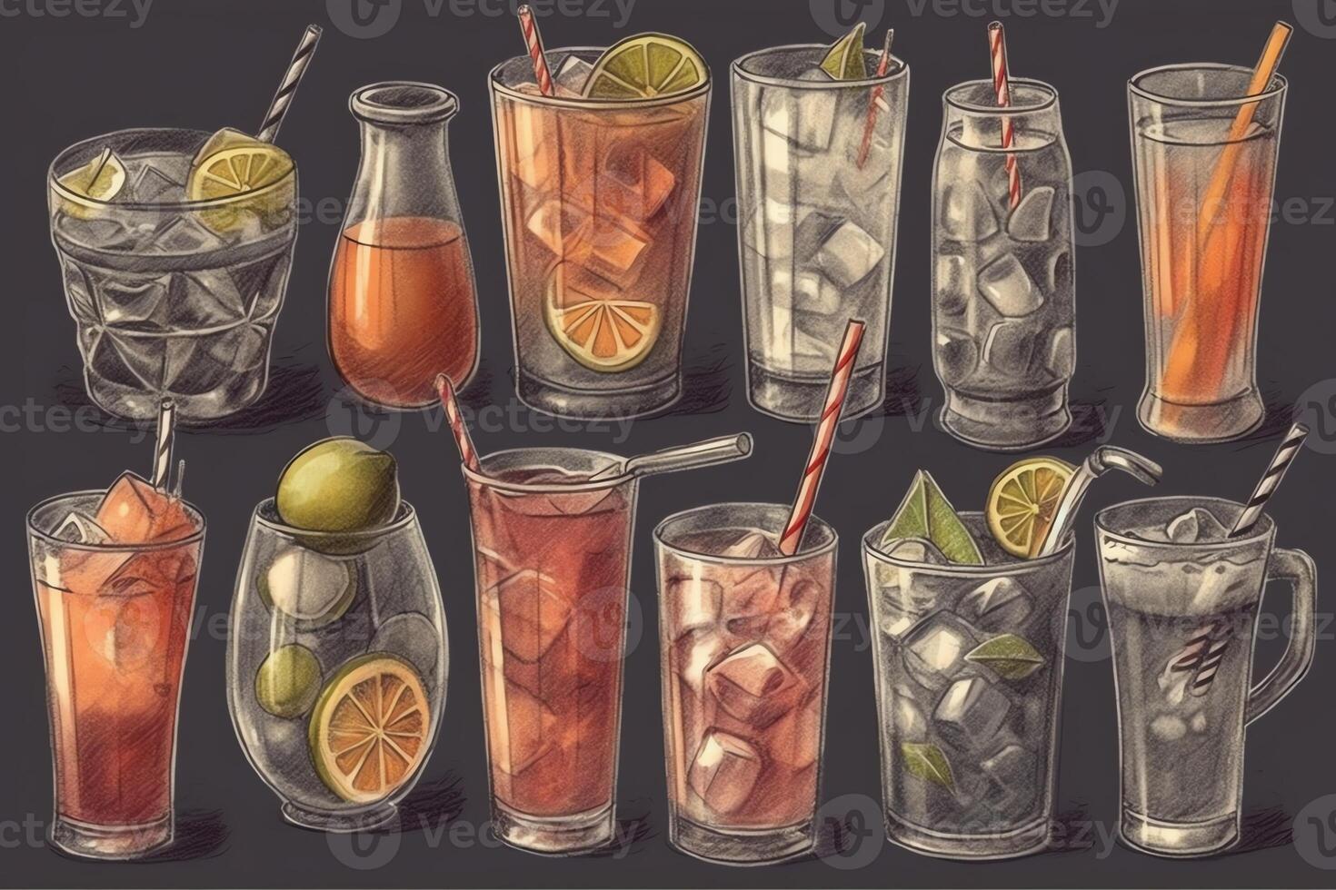 impostato di mano disegnato cocktail colorato guarnizioni cannucce ghiaccio cubi varietà di potabile bicchieri grafite matita. ai generato foto