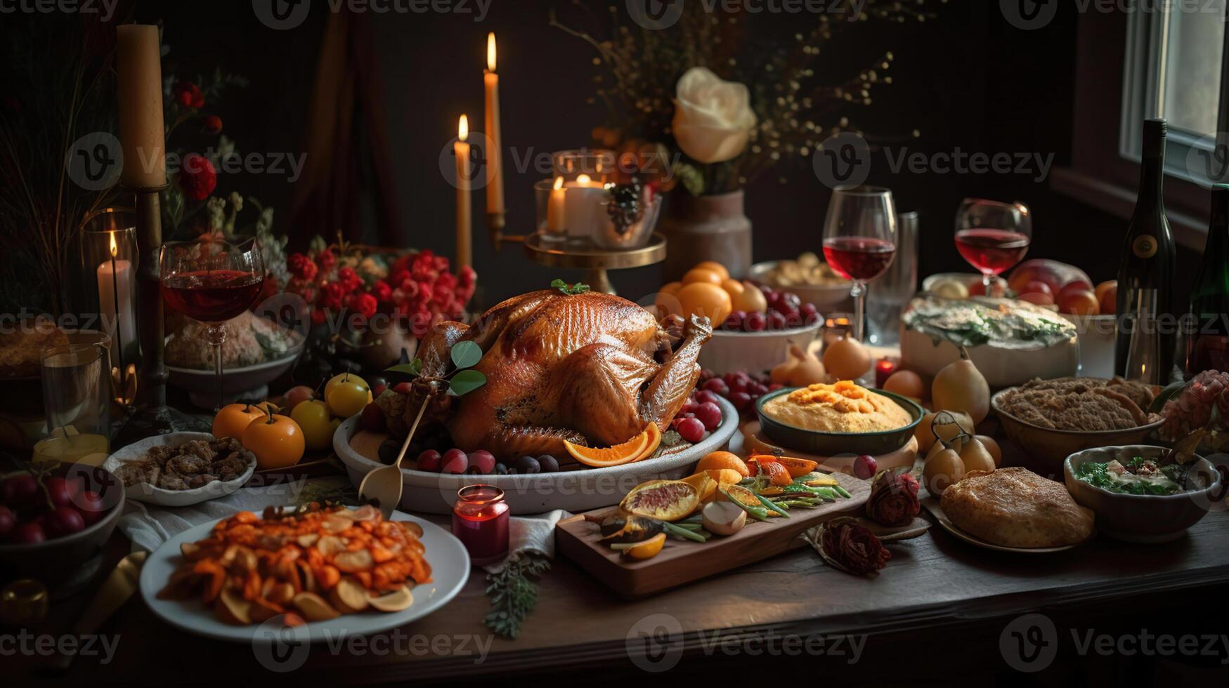 famiglia avere un' celebrazione cena nel festa con vino, Champagne su allegro Natale vigilia su vacanza a casa. arrostito ringraziamento tacchino con lato piatti.ringraziamento celebrazione, generativo ai foto