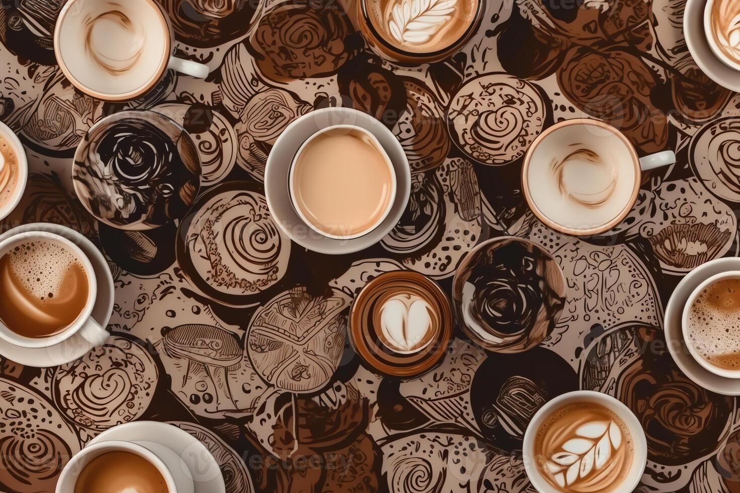 un' Visualizza a partire dal sopra di il bianca caffè tazze Marrone sfondo cappuccino senza soluzione di continuità caffè modello. ai generato foto