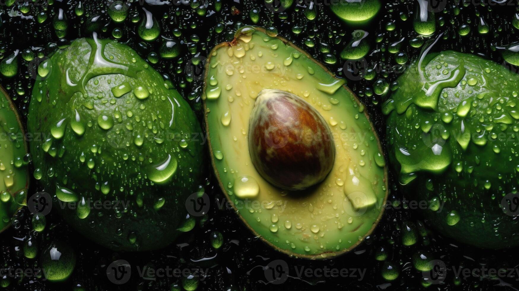 generativo ai, macro fresco succoso metà e totale di verde avocado frutta sfondo come modello. avvicinamento foto con gocce di acqua