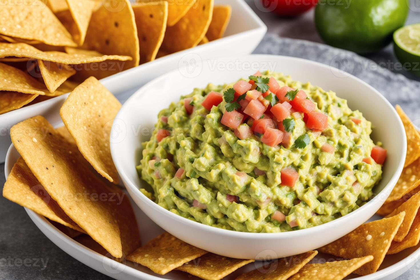 ciotola di guacamole con pomodoro e prezzemolo.tortilla patatine fritte. generativo ai foto