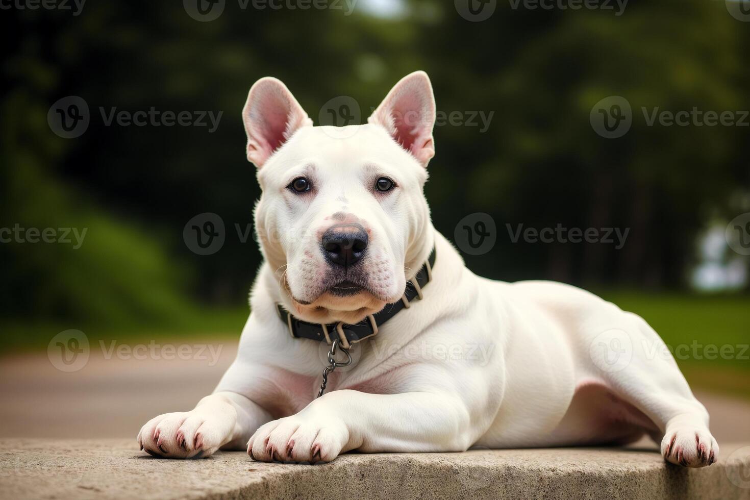 ritratto di un' bianca Toro terrier cane in piedi nel il parco. generativo ai foto