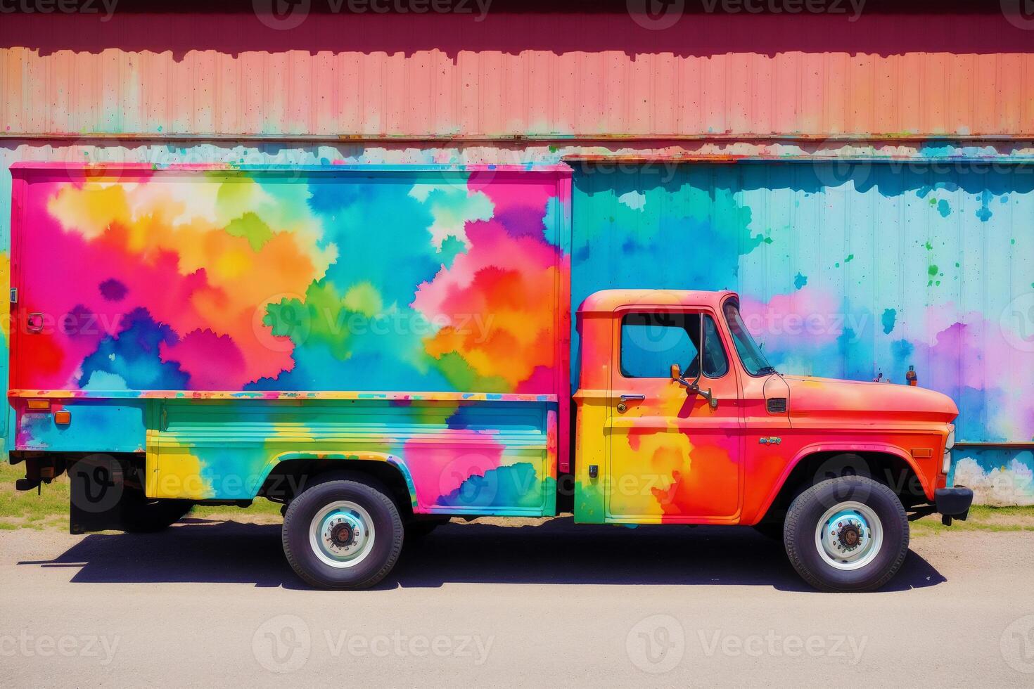 un' colorato camion. un' colorato pittura di un' camion con un' arcobaleno. colorato trailer. acquerello dipingere. digitale arte, generativo ai foto