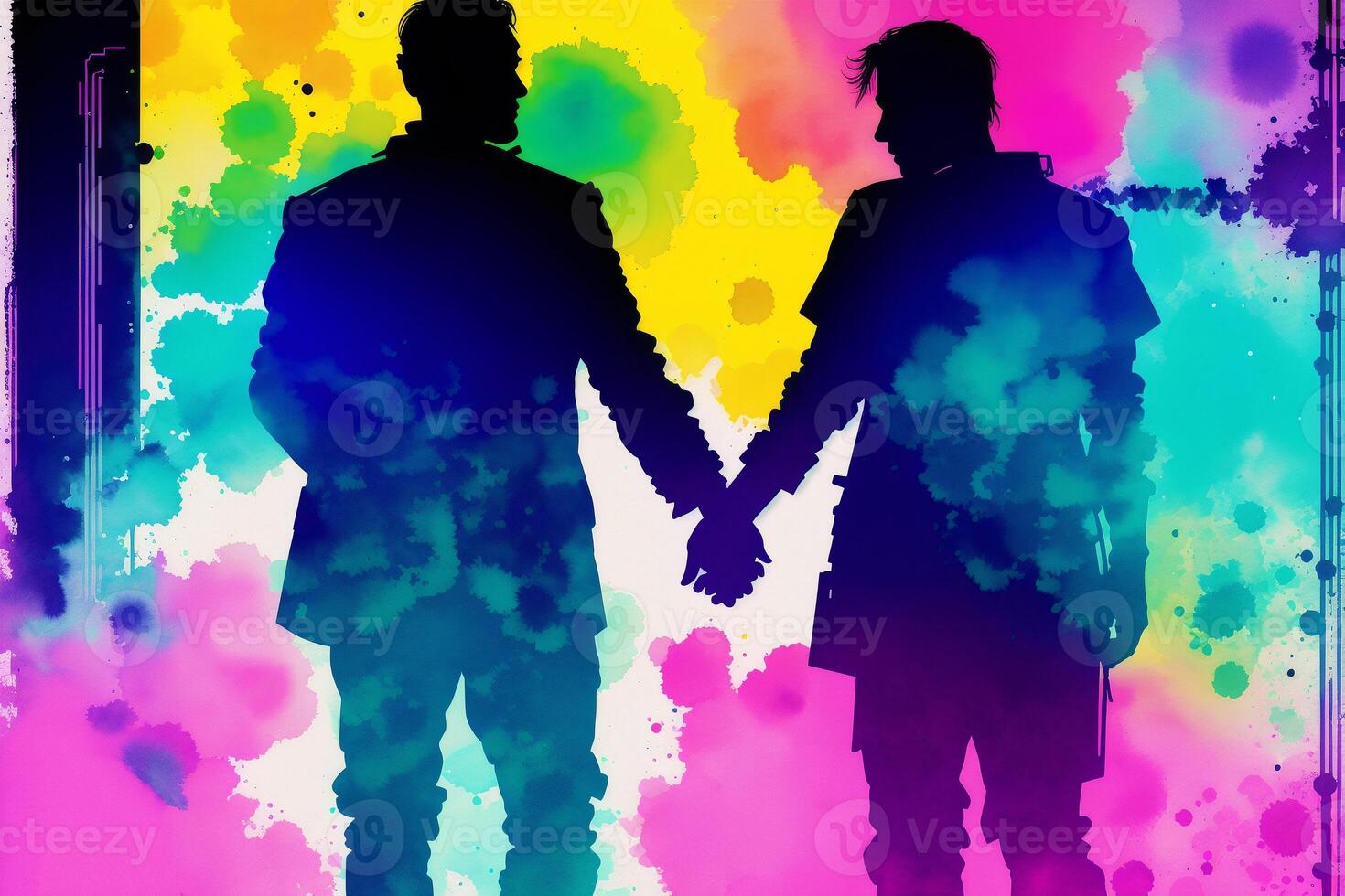 orgoglio mese. un' colorato illustrazione di Due uomini Tenere mani. gay coppia la spesa tempo insieme. lgbtq. generativo ai foto