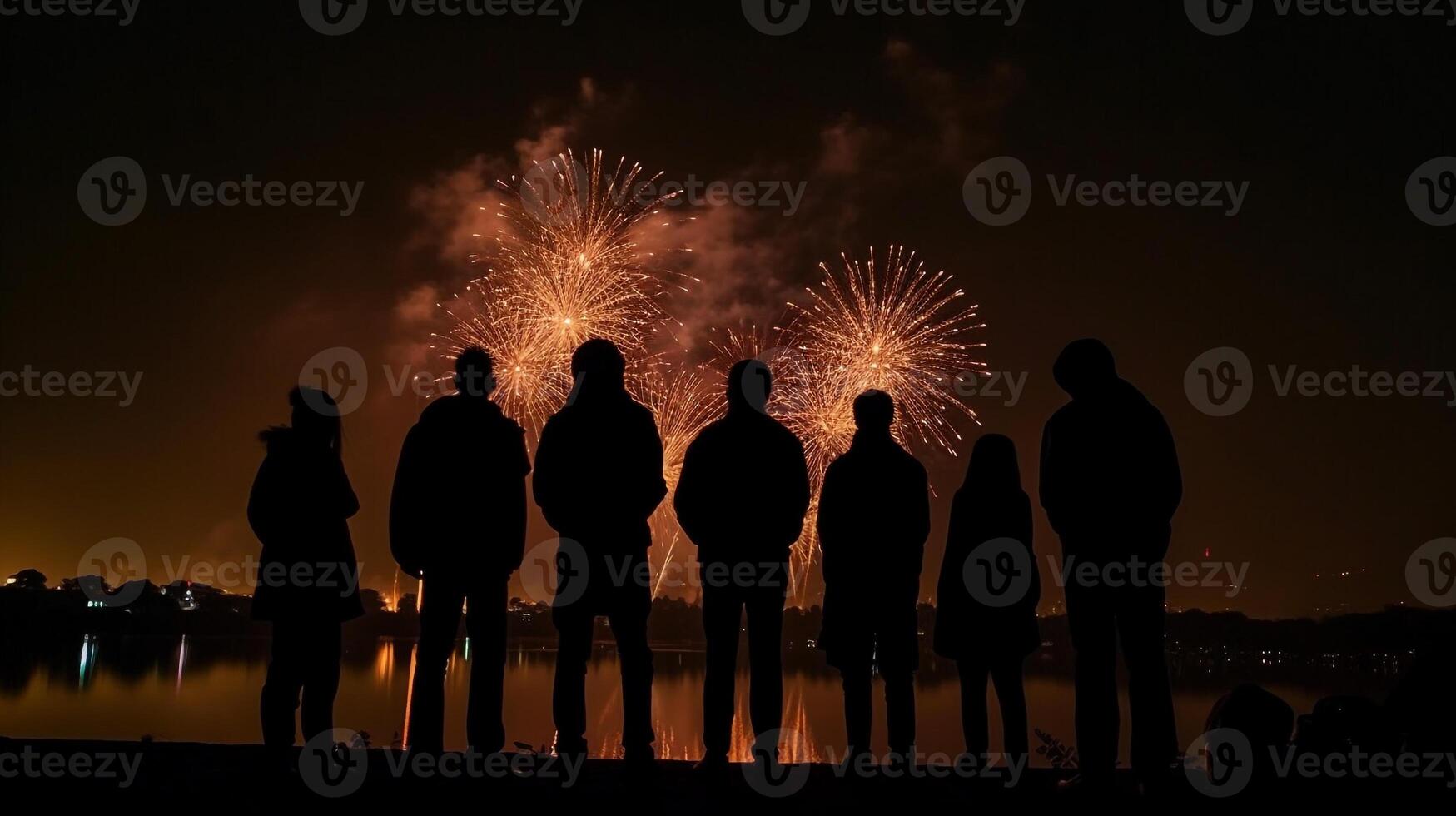 silhouette di persone guardare a fuochi d'artificio. ai generativo foto