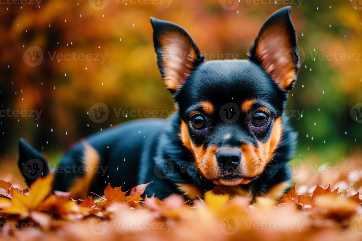 divertente inglese giocattolo terrier cane nel il autunno parco. nero e Marrone colore. generativo ai foto