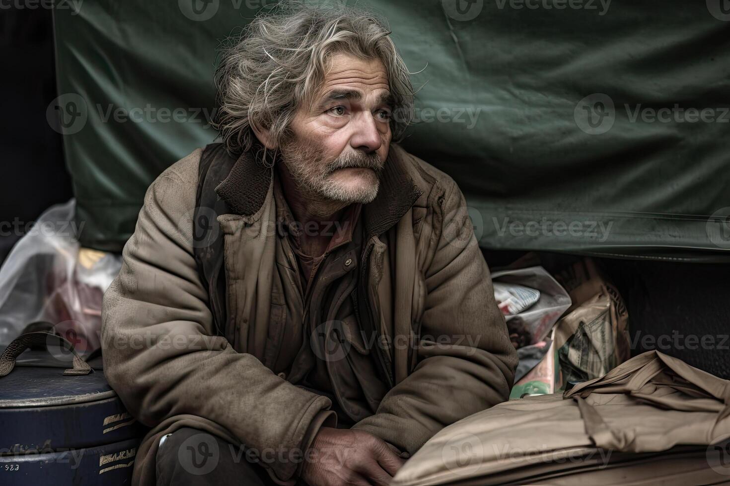 senza casa uomo ritratto. anziano barbuto uomo. generativo ai foto