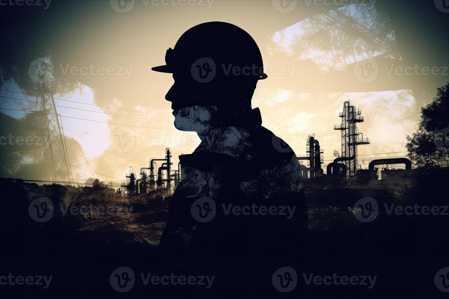 silhouette di industriale lavoratore con olio raffineria pianta come sfondo. generativo ai foto