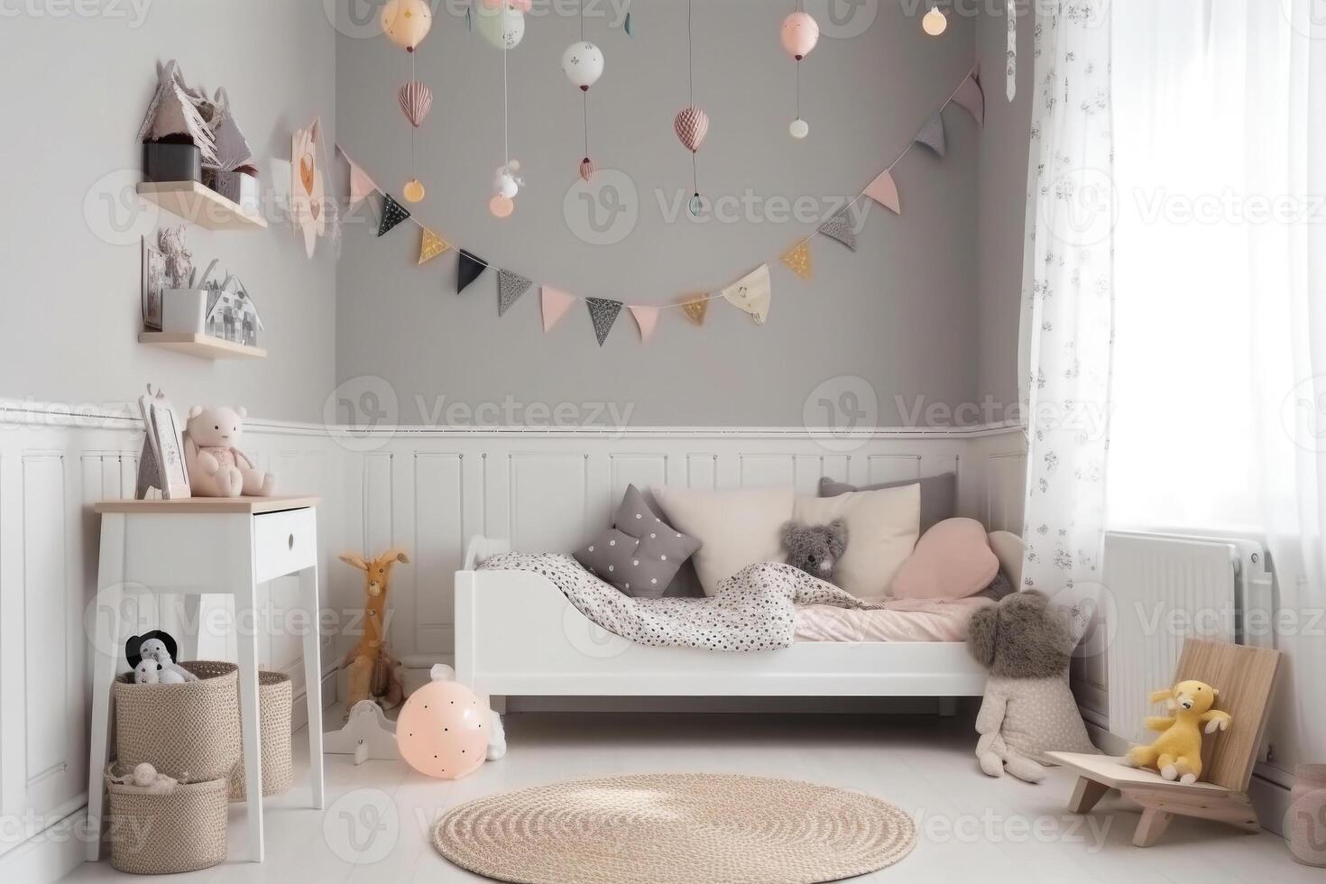 interno di accogliente Camera da letto per bambini nel scandinavo stile. generativo ai foto