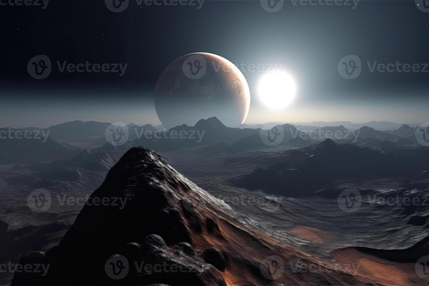 superficie di sconosciuto pianeta con crateri e montagne. generativo ai foto