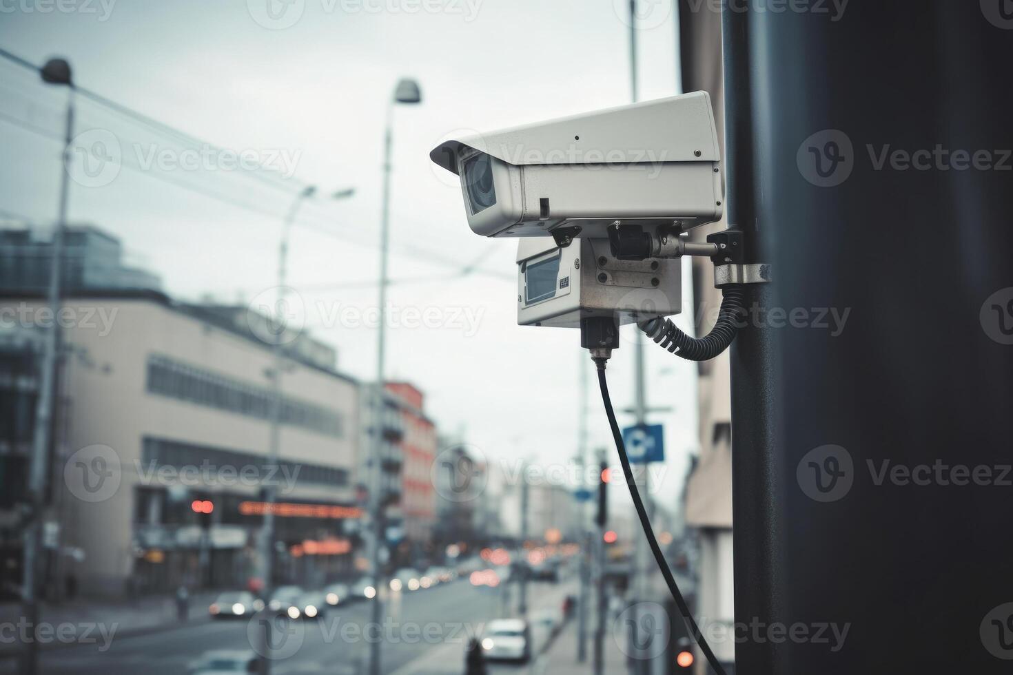 sorveglianza telecamera a città strada. cctv monitoraggio sistema. generativo ai foto