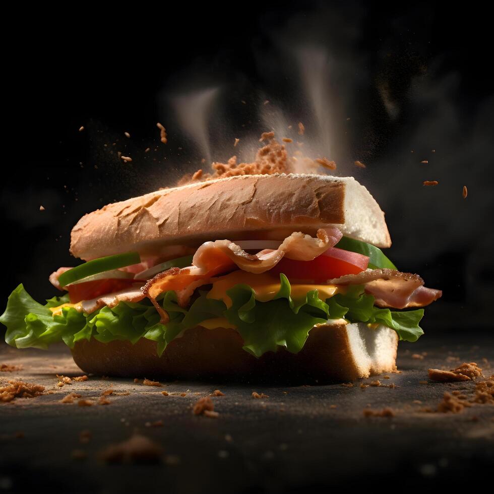 Sandwich con prosciutto, formaggio, pomodoro e lattuga su nero sfondo, ai generativo Immagine foto