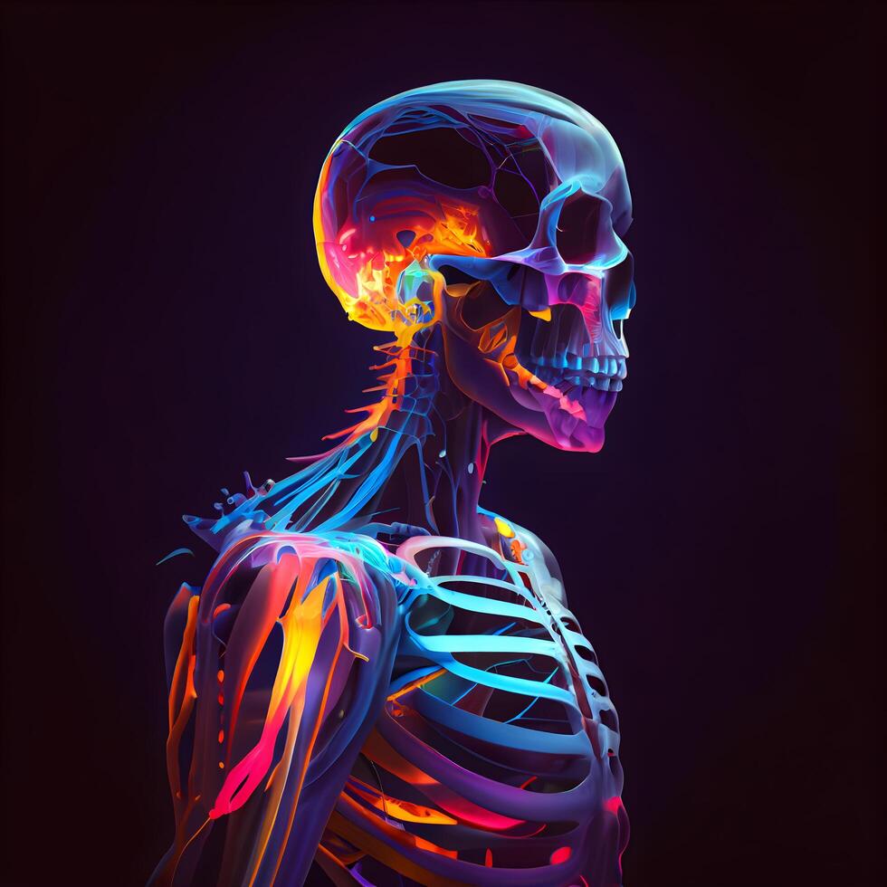umano scheletro anatomia, 3d illustrazione di umano scheletro cranio con colorato ossatura e ossa, ai generativo Immagine foto