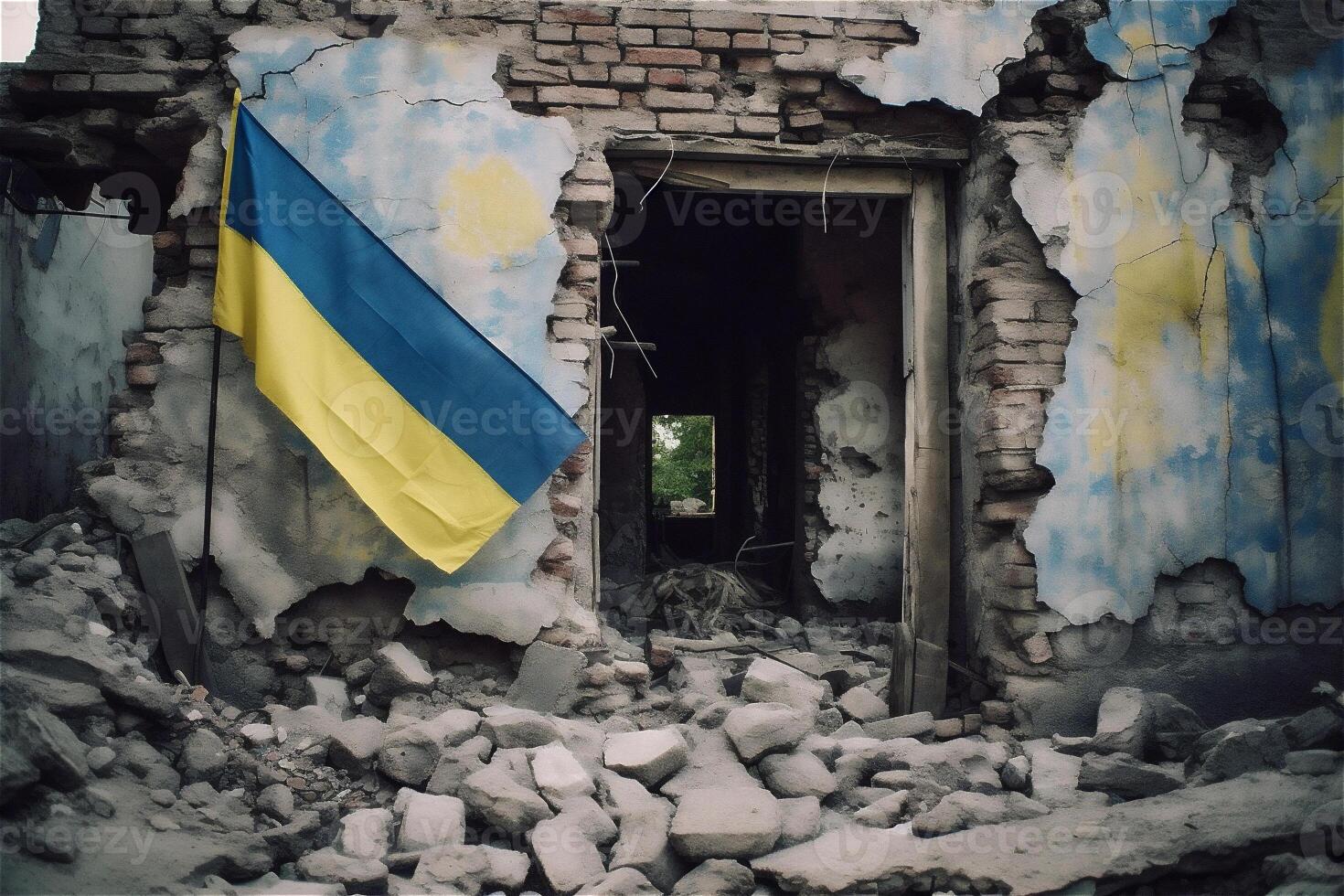 ucraino bandiera su liberato rovine di città. guerra nel Ucraina, vittoria concetto. generativo ai. foto