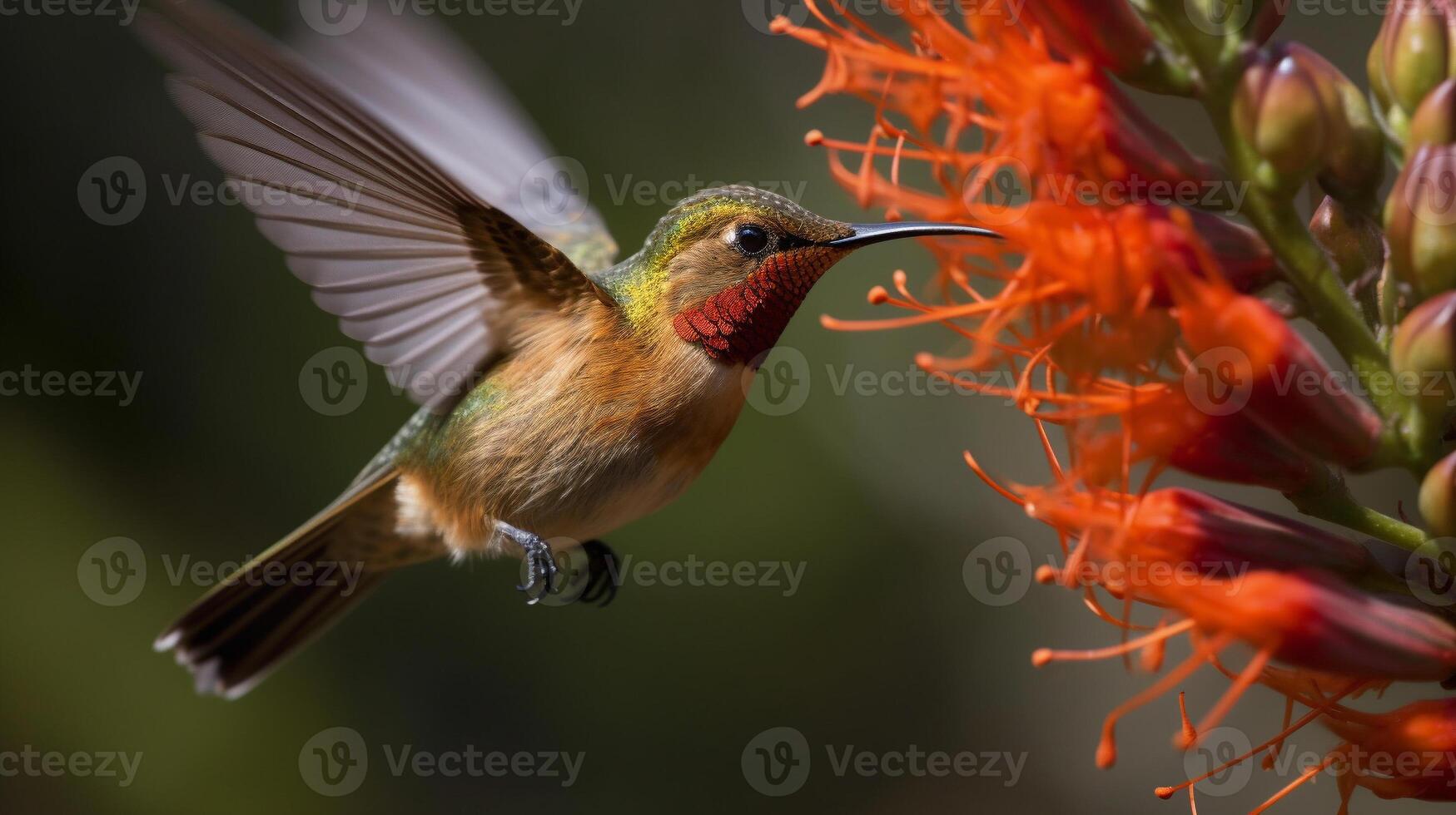 il bellissimo in via di estinzione ruvido colibrì - selasphorus rufus - generativo ai. foto