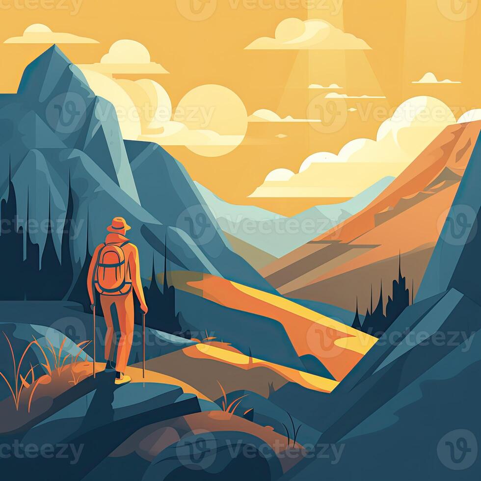 illustrazione su il tema di arrampicata, trekking, escursionismo, e a passeggio. gli sport, all'aperto ricreazione, avventure nel natura, vacanza. voglia di viaggiare. scalata di marcia. moderno piatto design. generativo ai foto