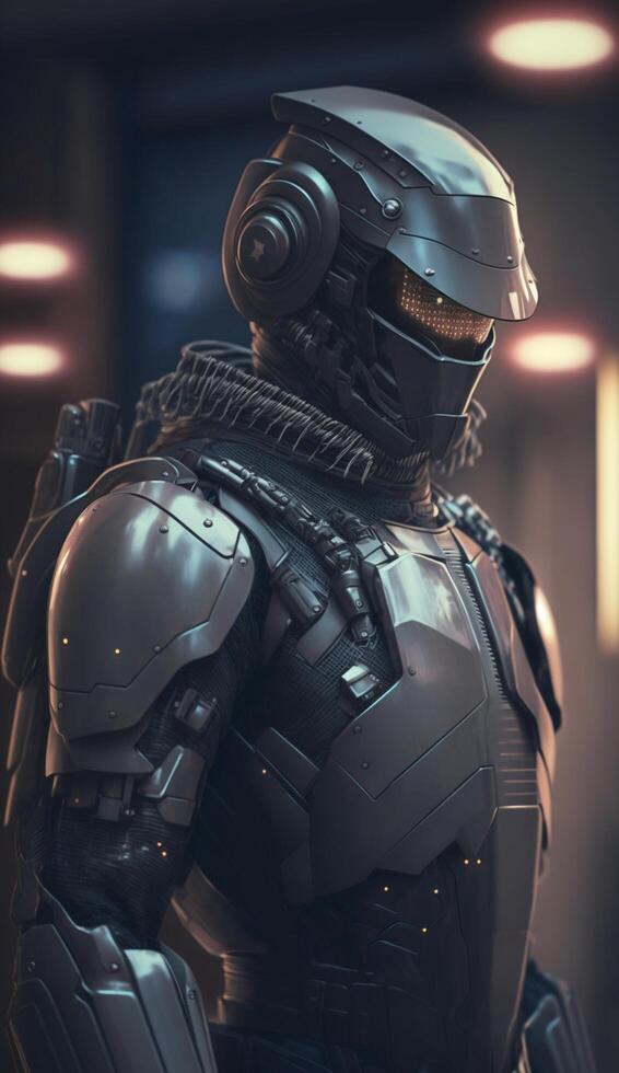 ultra realistico 3d illustrazione di un' poliziotto indossare un' futuristico robot costume, generativo ai foto
