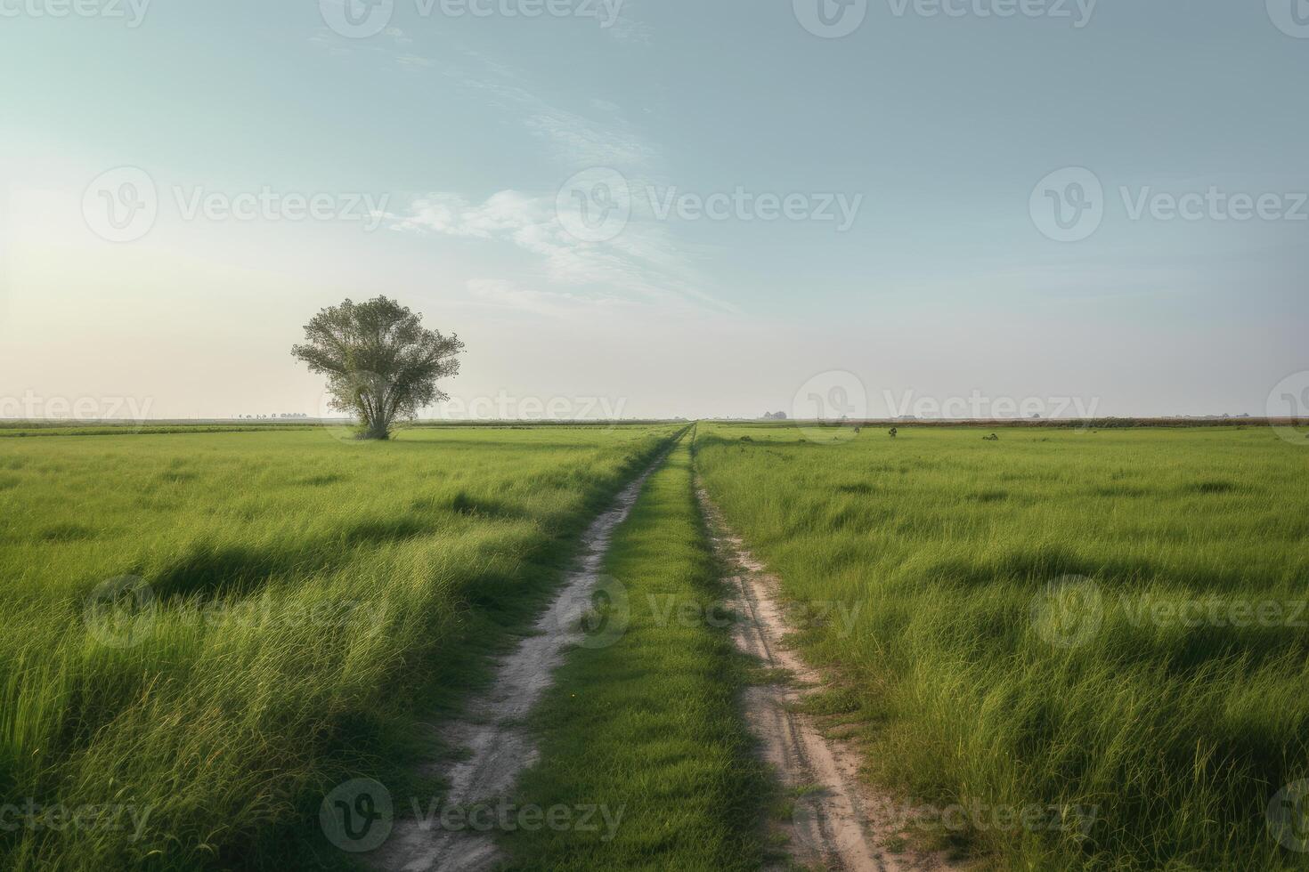 il paesaggio di erba i campi e blu cielo strada principale via in il distanza. generativo ai. foto