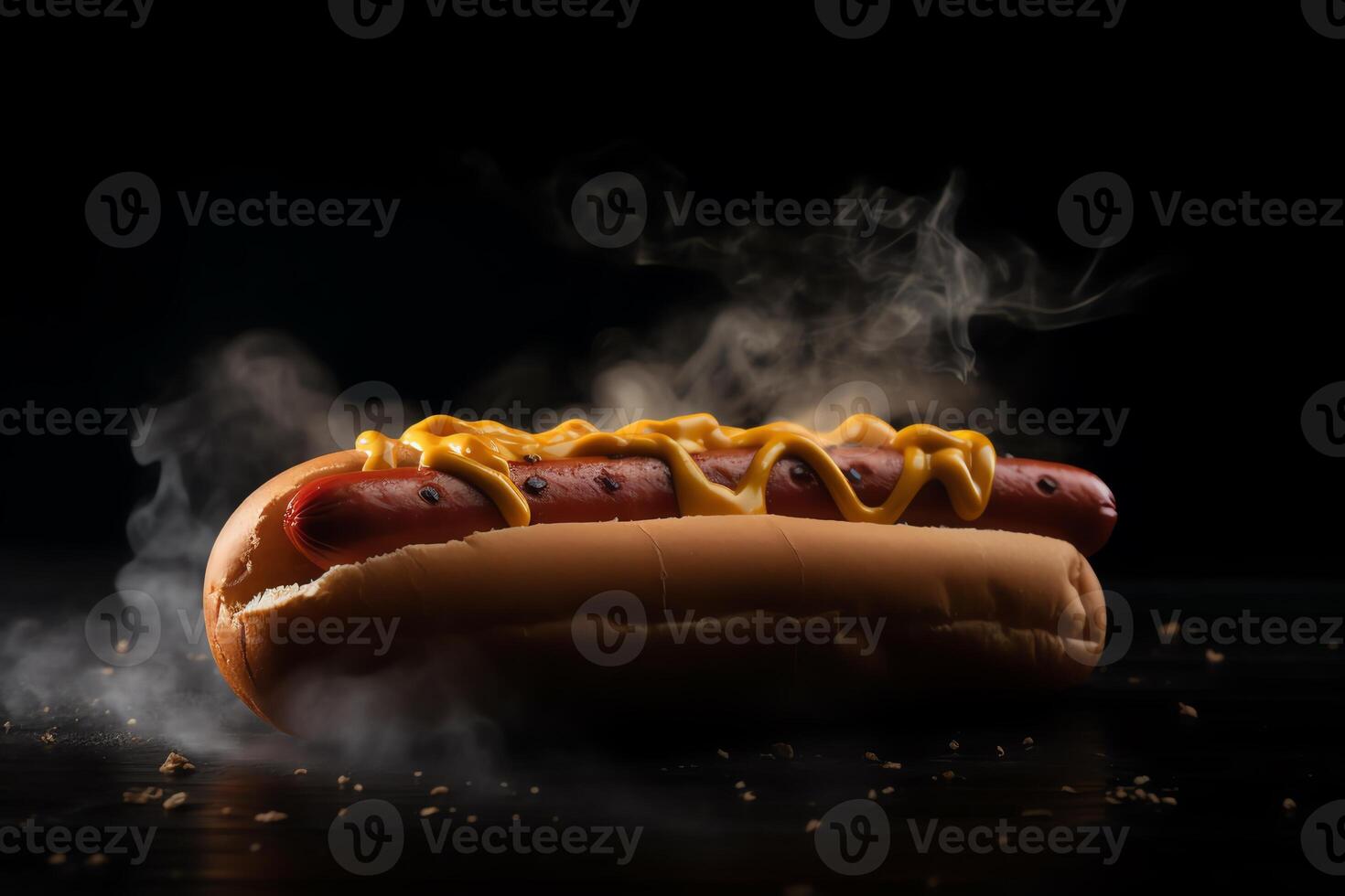 un' caldo cane con un' lotto di Fumo In arrivo su di esso su un' buio sfondo aigenerato. ai generato foto